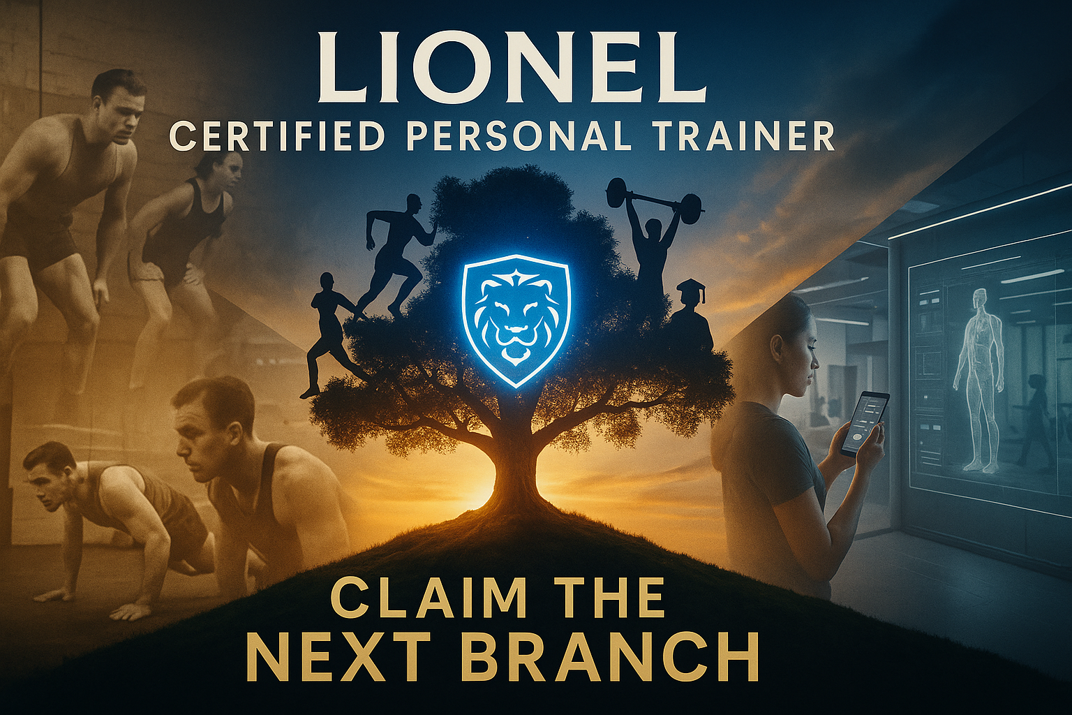 A cinematic inspirational thumbnail capturing the evolution of fitness and education The central focus is a glowing Blue Lion crest emerging at sunrise atop a powerful tree on a hill The Power Tree The branches of the tree subtly form into silhouette-1