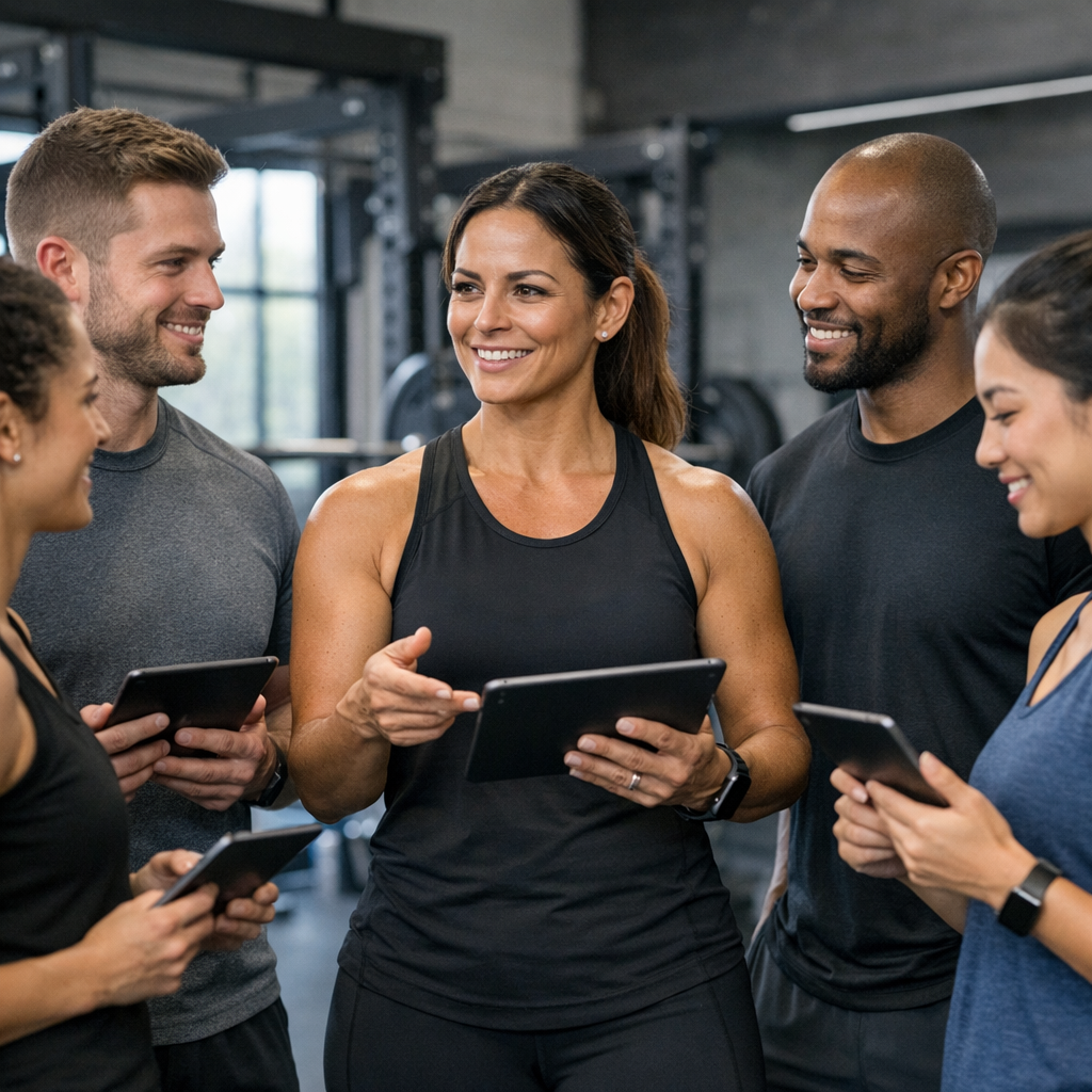 Personal trainers reviewing client programs in a gym